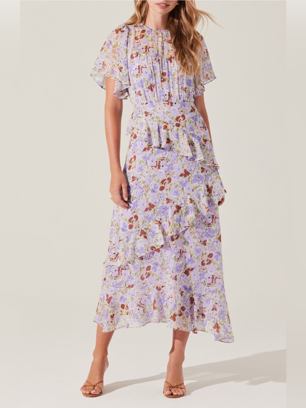 ASTR the Label Floramae Floral Ruffle Detail Short Sleeve Midi Dress